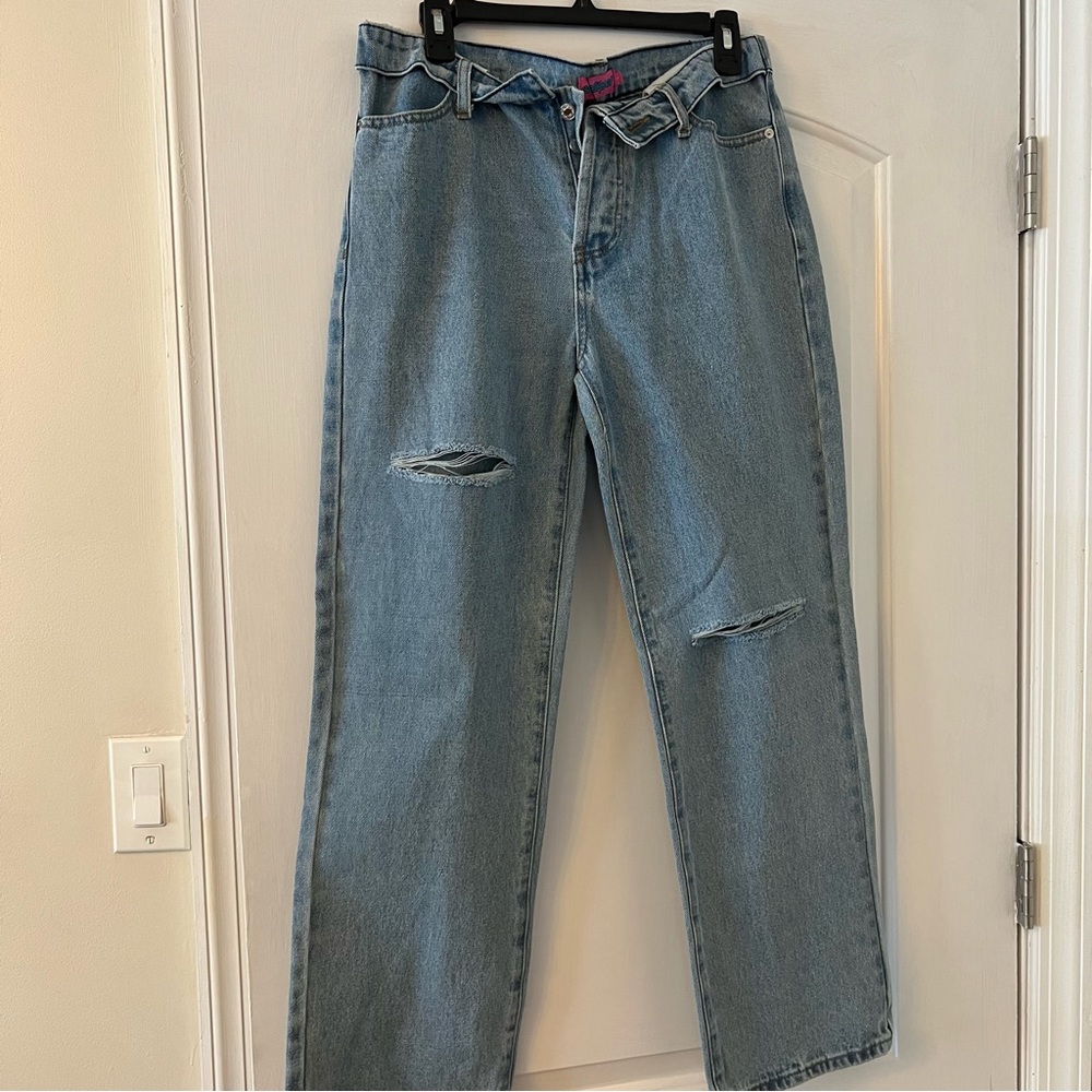 Edikted Fold Over Wide Leg Ripped Jeans